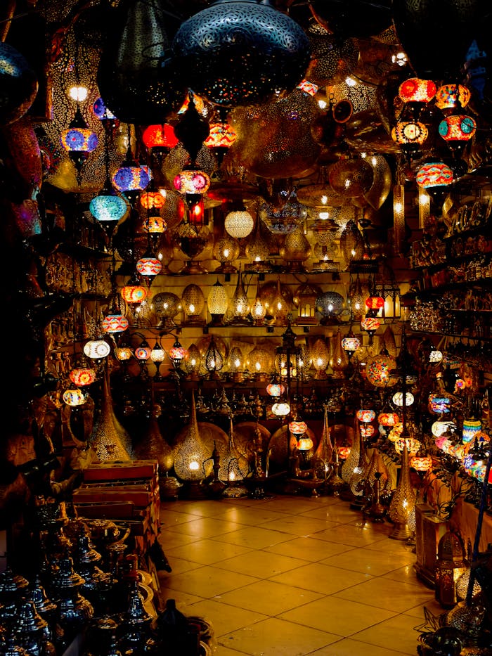 Vibrant array of Moroccan lanterns illuminating a traditional souk in Marrakech, Morocco.